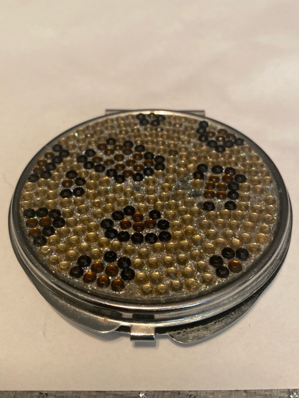 Compact Mirror with Gold and Black Leopard Patterned Crystal Accents
